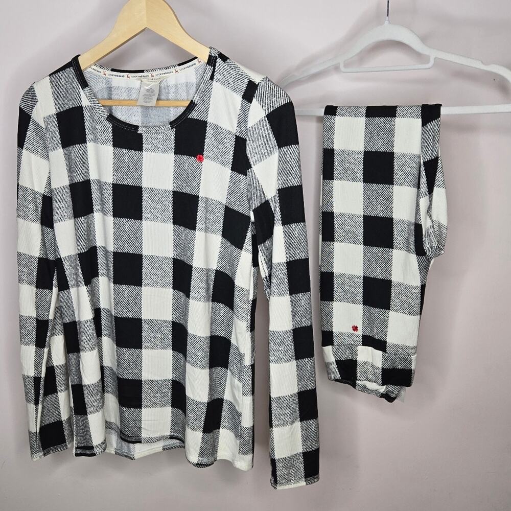 Lucky Brand Black & Off-white Checkered Long Sleeve Top And Pants PJ Set Youth M
